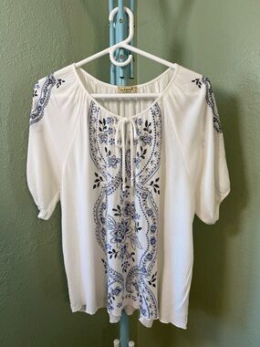 White Peasant Blouse with Blue Floral Embroidery